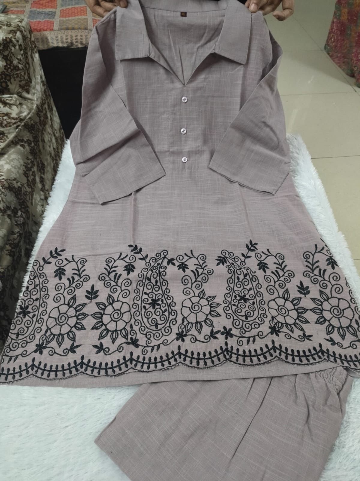 Grey Chikankari Cotton Slub Co-Ord Set